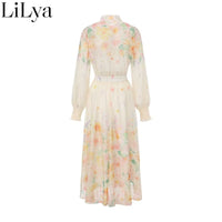 Elegant Sweet Romantic Puff Sleeve Floral 2 Pieces Skirt Set Women Chiffon Shirt Top Elastic Waist Midi Skirt Elegant Woman Set