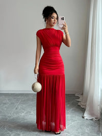 Elegant Red Long Sleeveless Women'S Dress Fashionable Knitted Polyester Gown with Pleats Hollow Out Design and Boat Neck
