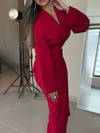 Women'S Sexy V-Neck Long Sleeve Red Dress Elegant Temperament Solid Color Long Dress Fashion Draped Hight Waist Slim Party Dress