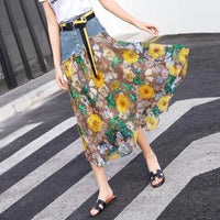 Fashion Casual Denim Patchwork Chiffon Skirt 2025 Summer New Office Lady Commute All-Match Printed A-Line High Waist Midi Skirts