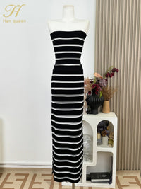 Korean 2 Pieces Set Women'S Knitted Bottoming Striped Black Pencil Sheath Knit Sexy Slit Casual Lady Skirt Suit