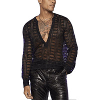 Men'S Mesh See through Mesh Sexy V Neck Shirt Long Sleeve Fishnet Hollow Out Vintage Streetwear Party Clothing S-2XL