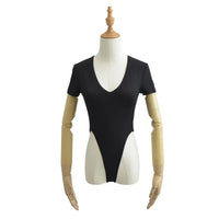 Women'S V-Neck Short Sleeve High Split Bodysuit Stretchable Slim Top Jumpsuit