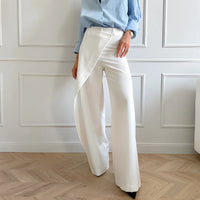 Stylish High Waist Ladies Patchwork Female Long Pants 2026 Summer White Straight Trousers for Women