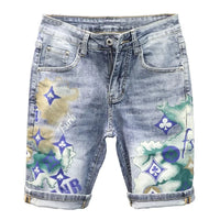 Summer 2024 New Fashion Trend Printed Stretch Cotton Shorts Men'S Casual Sashimi Comfort High Quality Plus-Size Denim Shorts