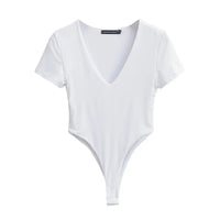 Women'S V-Neck Short Sleeve High Split Bodysuit Stretchable Slim Top Jumpsuit