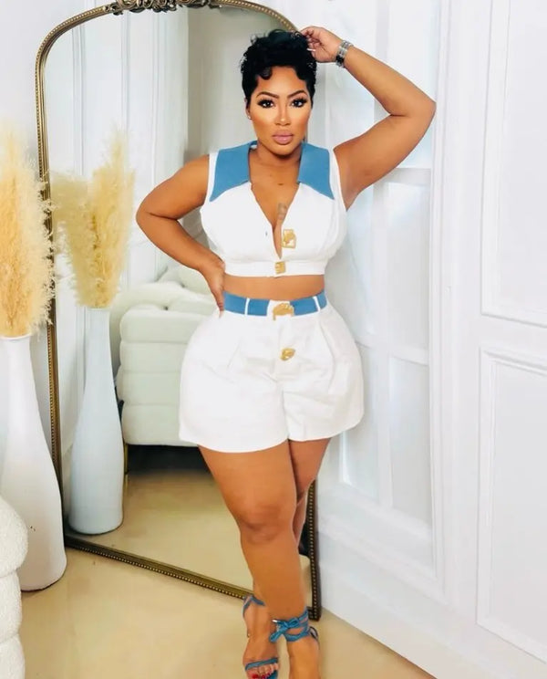 A New Fashion Retro Lapel V-Neck Spliced Spell Color Sleeveless Short Top and Short Pants. Casual Women'S Denim Two-Piece Set
