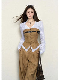 Autumn Korean Style Fake Two Piece Splicing Slim Fit Long Sleeve Shirt High Waist Wide Leg Pants Set Two Piece Set Women Outfits