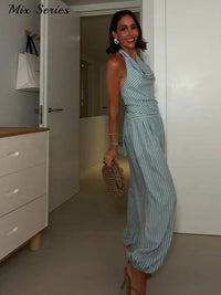 Fashion Stripe Linen Jumpsuits Women'S Sleeveless Halter Slim Lantern Trouser Rompers 2026 New Lady Casual Vacation Streetwear