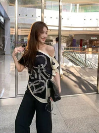 Temperament Lady Tops Summer Blouses Women'S Clothes off Shoulder Irregular Shirts Loose Print Skew Collar Sexy Camisas De Mujer