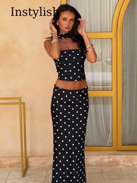Women'S Polka Dot 3 Piece Matching Suit Strapless Cropped Top Mermaid Skirt Scarf Summer Beach Club Vacation Elegant Party Wear