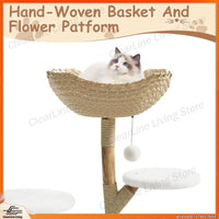 Real Wood Modern Cat Tree Tower with Wicker Condo Scratching Post Bed Boho Luxury Pet Furniture for Indoor Cats Space Saving