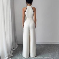 Elegant Women'S Jumpsuit Sleeveless Halter Neck Jumpsuits Wide Leg Button Front Romper Mid Waist Long Jumpsuit Maxi Solid White