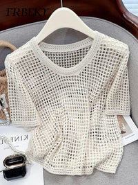Streetwear Jumper Summer Hollow Thin Short Sleeve Loose round Neck Knitwear Outerwears Oversized Sweater Women Korean Fashion