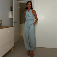 Fashion Stripe Linen Jumpsuits Women'S Sleeveless Halter Slim Lantern Trouser Rompers 2026 New Lady Casual Vacation Streetwear