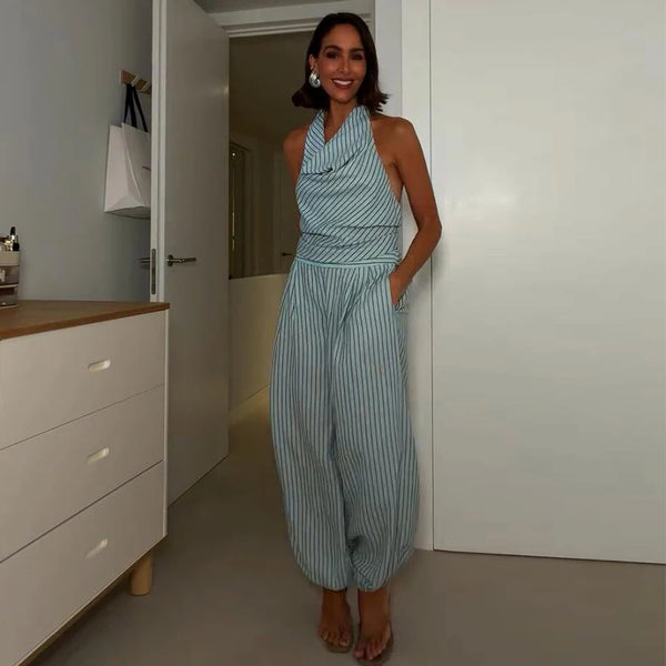 Fashion Stripe Linen Jumpsuits Women'S Sleeveless Halter Slim Lantern Trouser Rompers 2026 New Lady Casual Vacation Streetwear
