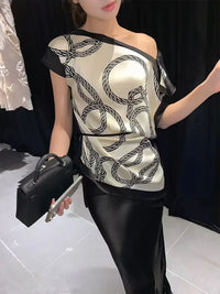 Temperament Lady Tops Summer Blouses Women'S Clothes off Shoulder Irregular Shirts Loose Print Skew Collar Sexy Camisas De Mujer