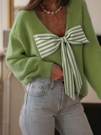 Spring Easter Fresh Fruit Green Knitted Sweater for Women with Large Bow on the Back, Striped Ribbon Decoration, V-Back, Loose Fit, Drop Shoulder, Long Sleeve Pullover, Soft and Cozy Knit, Gentle Vibe, Suitable for Par
