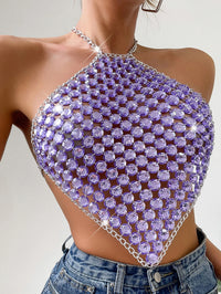 Sexy See through Metal Rhinestone Crop Top Women 2026 Summer Y2K Streetwear Tank Tops Club Beach Party Halter Top Rave Outfits