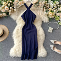 Elegant Solid Women'S Dresses Knitted V Neck Backless Elastic Dresses for Women Slim Bodycon Vestido De Mujer Outfits