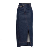 Women Dark Denim Midi Skirt High Waist Asymmetrical Wrap with Slit Casual Elegant Jean Skirt