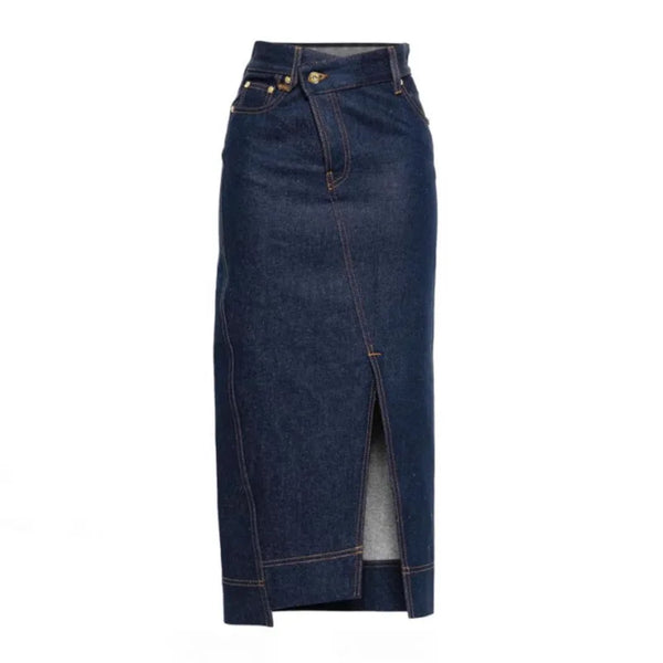 Women Dark Denim Midi Skirt High Waist Asymmetrical Wrap with Slit Casual Elegant Jean Skirt