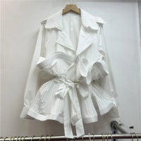 Shirt Women Ruffles Top Turn down Collar Pleated Lace up Tight Waist Overshirt Female Shirts Tops Spring 2026 Office Lady