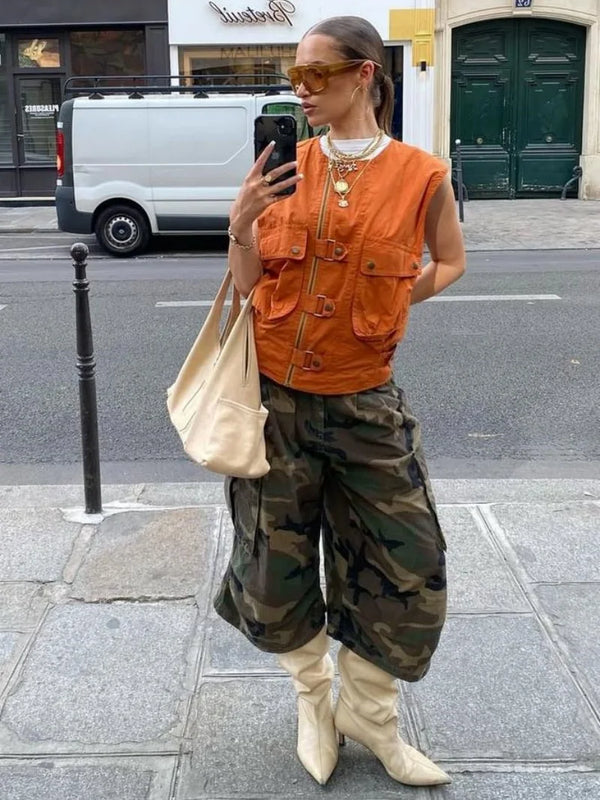 Streetwear Camouflage Cargo Pants Summer Clothing Women High Waist Calf Length Wide Leg Pants Female Casual Camo Capris Trousers