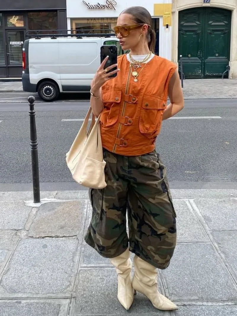 Streetwear Camouflage Cargo Pants Summer Clothing Women High Waist Calf Length Wide Leg Pants Female Casual Camo Capris Trousers