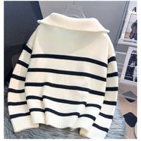 Women zipper sweater striped pullover front view