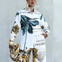 Women'S 2-Piece Floral Letter Print Outfit, Long Sleeve Button-Down Shirt & High Waist Wide Leg Pants, Elegant Casual Co-Ord Set