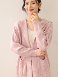 New Women 100% Merino Wool Knitted Solid Color Hodded Long with Two Pockets Cardigan Thick Comfortable Top Warm Soft Clothing
