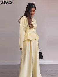 Elegant Waist-Cinching Blazer Pants Set Women'S Slim V-Neck Single-Breasted Pleated Coat Loose Wide Leg Trousers 2026 New Outfit