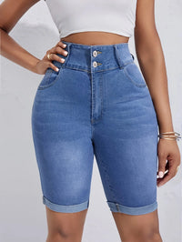 2025 Spring New High Waist Knee Length Denim Shorts for Women Fashion Casual Summer Stretch Tight Rolled up Jeans Shorts