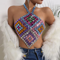 2026 New Arrival Summer Music Festival Rhinestone Crop Top Sexy Backless Crystal Gemstones Halter Neck Top