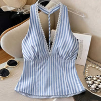 Women Blouse Shirt New Summer Sleeveless Halter Slim Sexy Backless Striped Blouse Shirt Women Tops Blusas Para Mujer 2026 Q3828