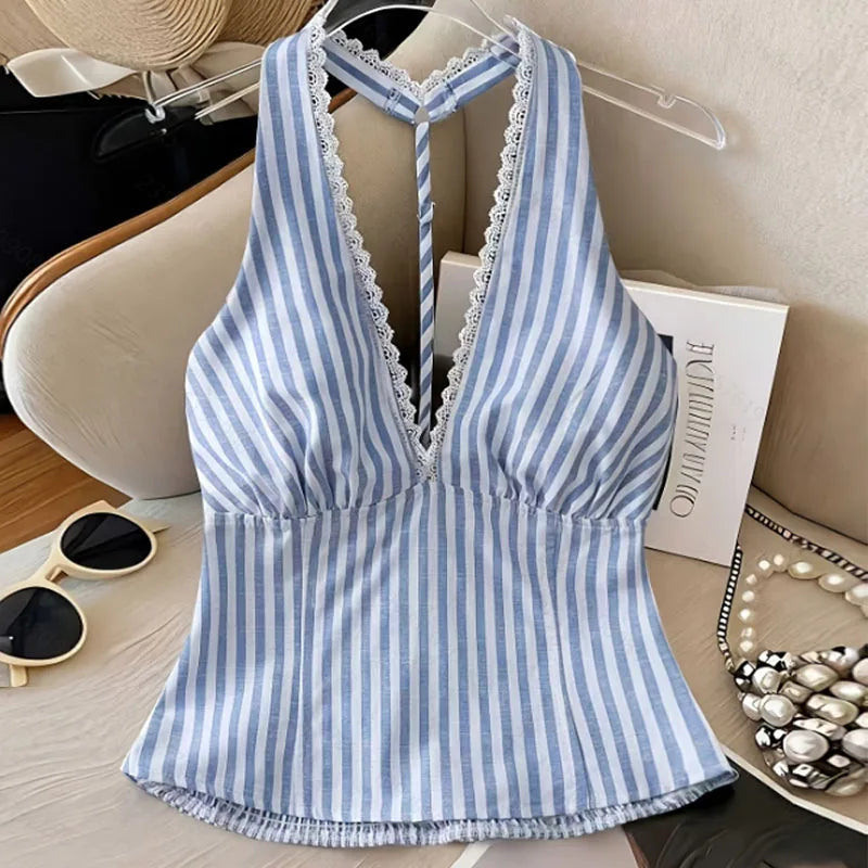 Women Blouse Shirt New Summer Sleeveless Halter Slim Sexy Backless Striped Blouse Shirt Women Tops Blusas Para Mujer 2026 Q3828