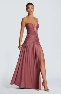 Women Elegant Deep V-Neck Pleated Strapless Dress Chic Off-Shoulder Backless Split Maxi Dresses 2026 Lady Evening Party Vestidos