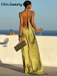Sexy Women'S Solid Satin Backless Halter Long Dress Ribbon Sleeveless Slit Female Dresses 2026 Summer Lady Chic Evening Robes