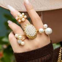 Wholesale Waterproof Chunky Statement Pearl Ring 18K Gold Plated Stainless Steel Pearl Ring for Women