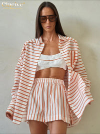 Fashion Loose Stripe Print 2 Piece Set Women 2026 Elegant Long Sleeve Shirt with High Waist Shorts Set Female Clothing