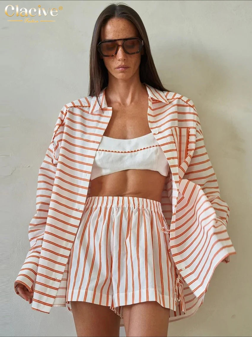 Fashion Loose Stripe Print 2 Piece Set Women 2026 Elegant Long Sleeve Shirt with High Waist Shorts Set Female Clothing