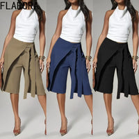 Fashion Irregular Overlay Patchwork Knee Length Pants Woman Solid Bandage Wide Leg Pants Office Lady Matching Bottoms