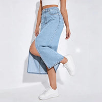 Women High Waist Light Blue Washed Denim Midi Skirt Front Slit Elastic Stretch Long Jean Skirt Casual