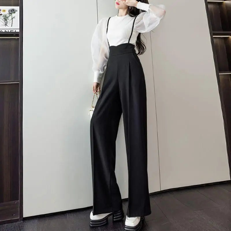 Summer Female Queen Casual Versatile High Waisted Overalls with Suspenders Wide Leg Pantsfor Women Daily Wear