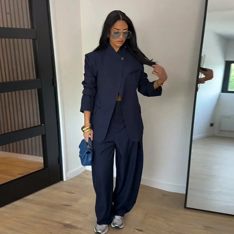 Casual Women'S Pants Set Full Sleeve One Button Jacket Straight Bottom Female Solid Sets 2026 Summer Fashion Chic Lady Outfit