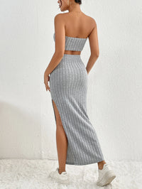 Spring Summer Fashion Casual Ribbed Knit Solid Color Tube Top and Split High-Waist Skirt