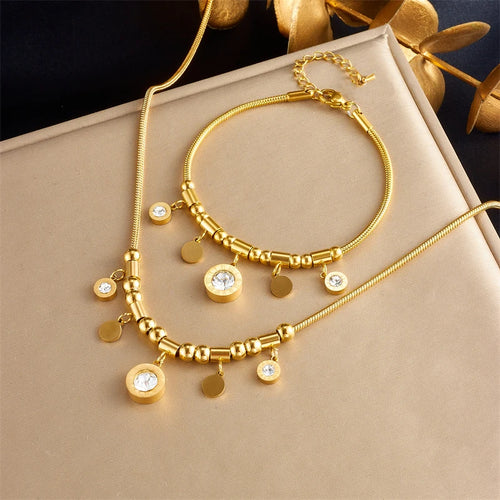 316L Stainless Steel Roman Numerals White Zircon Charm Necklace Bracelets for Women New Trend Non-Fading Jewelry Set