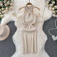 Solid 2024 Cross Knitted Women Dress Summer Strap Sleeveless Bodycon Dress Europe Style Halter Ladies Sexy Midi Long Dress