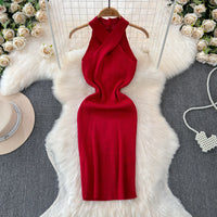 Solid 2024 Cross Knitted Women Dress Summer Strap Sleeveless Bodycon Dress Europe Style Halter Ladies Sexy Midi Long Dress